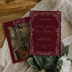 Save The Date Mariage Photo Argenté Burgundy Romantique Vieille