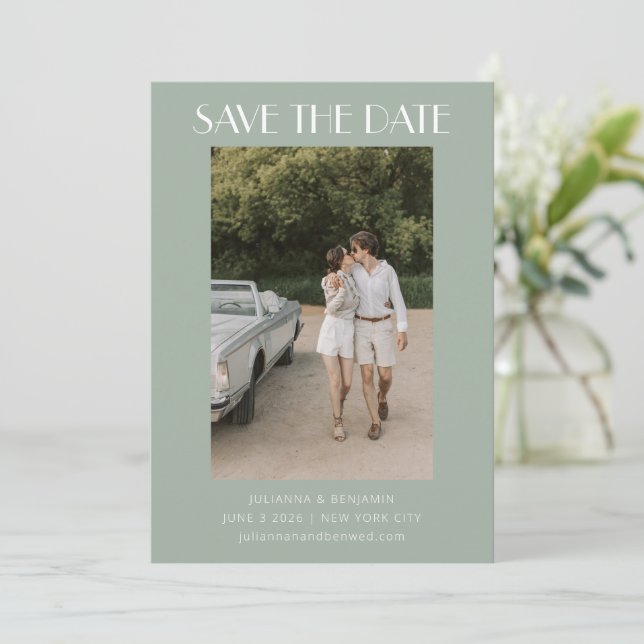 Save The Date Mariage photo Art déco couleur Sage Green (Debout devant)