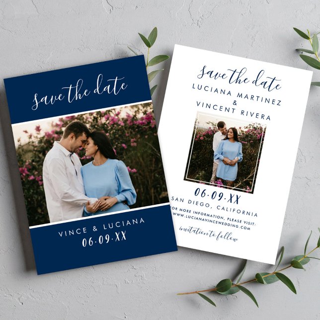 Save The Date Mariage photo avec écriture moderne Navy (Créateur téléchargé)