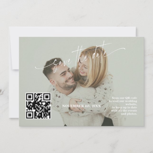 Save The Date Mariage photo avec QR Code en calligraphie vert sa (Devant)