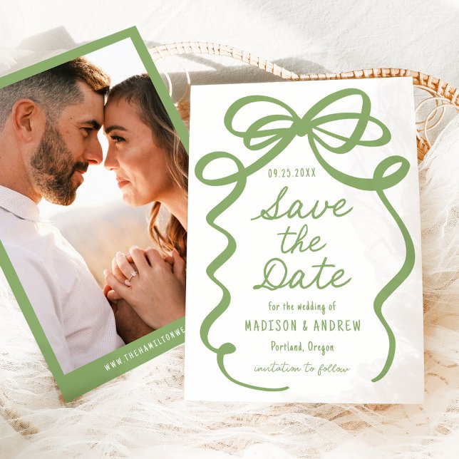 Save The Date Mariage Photo avec Ruban Vert Moderne Gras (Créateur téléchargé)