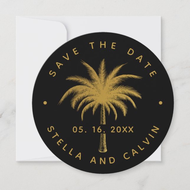 Save The Date Mariage photo Black & Gold Tropical Palm Tree (Devant)