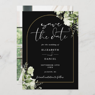 Save The Date Mariage photo Black Greenery Floral Gold Arch