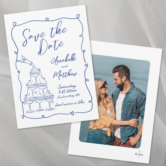 Save The Date Mariage photo bleu à main lunaire (Whimsical Hand Drawn Photo Blue Wedding Save the Date)