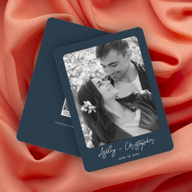 Save The Date Mariage photo bleu de la marine florale minimale (Créateur téléchargé)