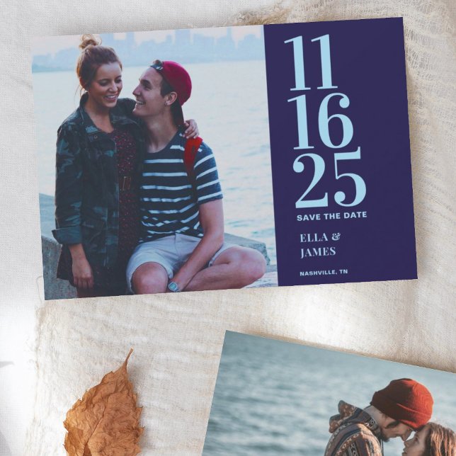 Save The Date Mariage photo bleu de la Marine moderne Deux sauve (Créateur téléchargé)