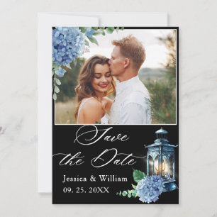 Save The Date Mariage photo Blue Hydrangea Black Classic