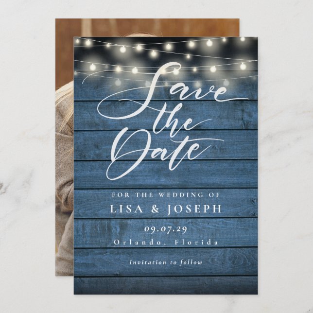 Save The Date Mariage photo Blue Rustic Wood String (Devant / Derrière)