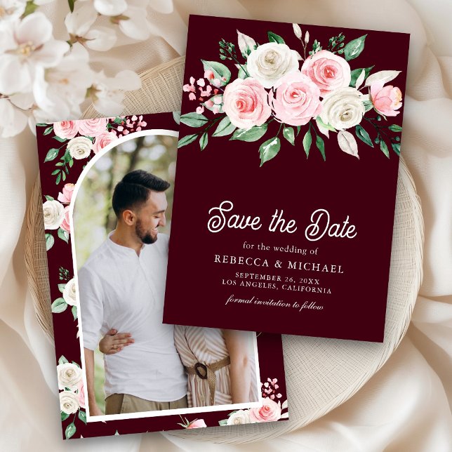 Save The Date Mariage photo Blush Pink Floral Burgundy (Créateur téléchargé)