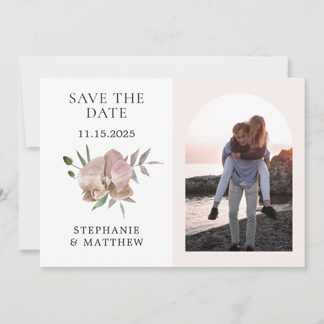 Save The Date Mariage Photo Boho Arch Orchidées Poussiéreuses (Devant)