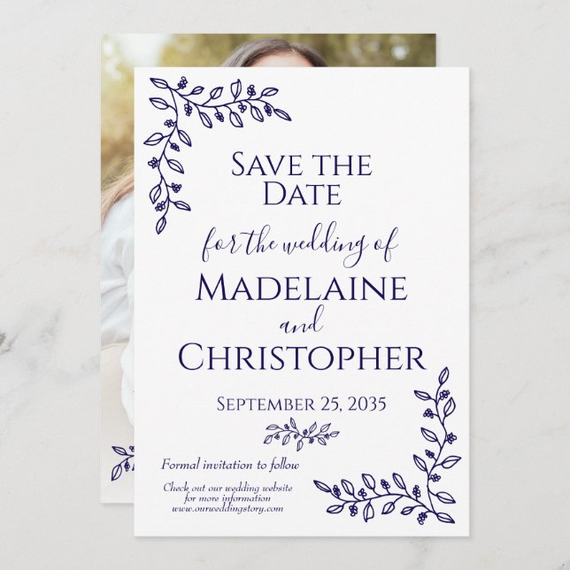 Save The Date Mariage photo Boho Navy Blue Botanical moderne (Devant / Derrière)