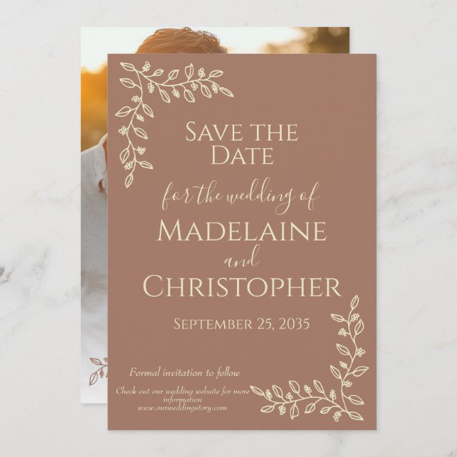 Save The Date Mariage photo botanique moderne Boho Mocha Mousse (Devant / Derrière)