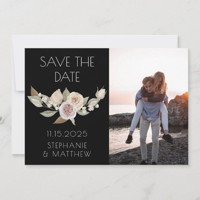 Save The Date Mariage Photo Botanique Rose Pêche Rose Poussiéreu (Devant)