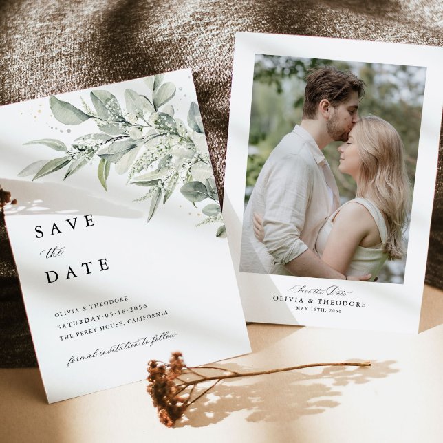 Save The Date Mariage Photo Botanique Vert Sauge (Sage green botanical photo save the date card, modern classic wedding stationery, minimal elegant)