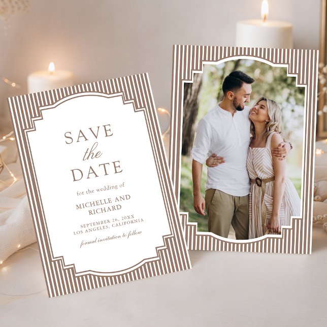 Save The Date Mariage Photo Brun Rayé Classique (Créateur téléchargé)