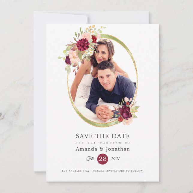 Save The Date Mariage photo Burgundy-Marsalla et rose (Devant)