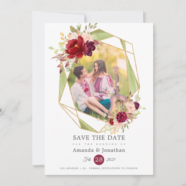 Save The Date Mariage photo Burgundy-Marsalla et rose (Devant)