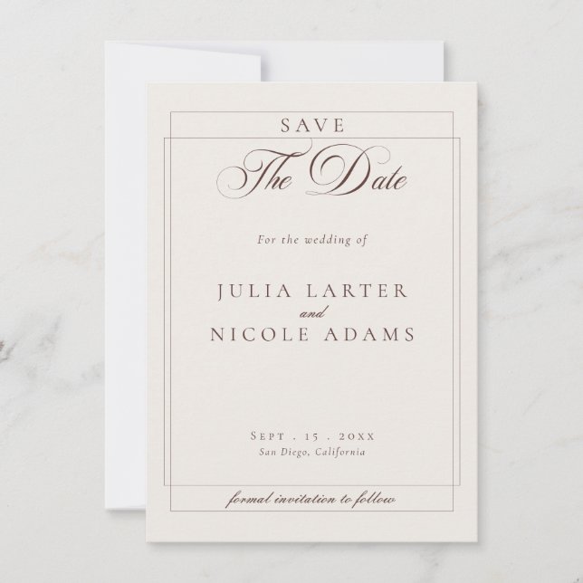Save The Date Mariage photo calligraphié Classique Choco Ivoire (Devant)