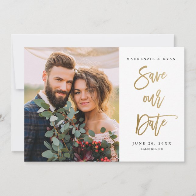 Save The Date Mariage Photo Calligraphie Moderne Or (Devant)