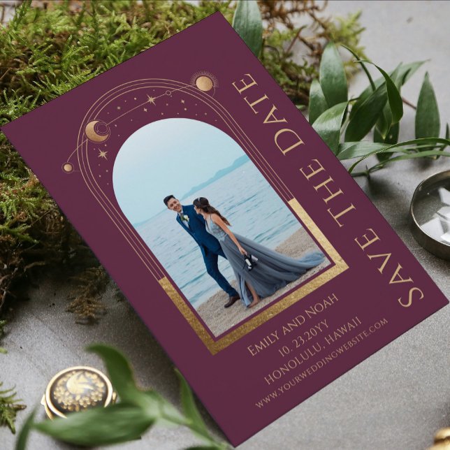 Save The Date Mariage Photo Céleste Or et Prune Deux (Créateur téléchargé)