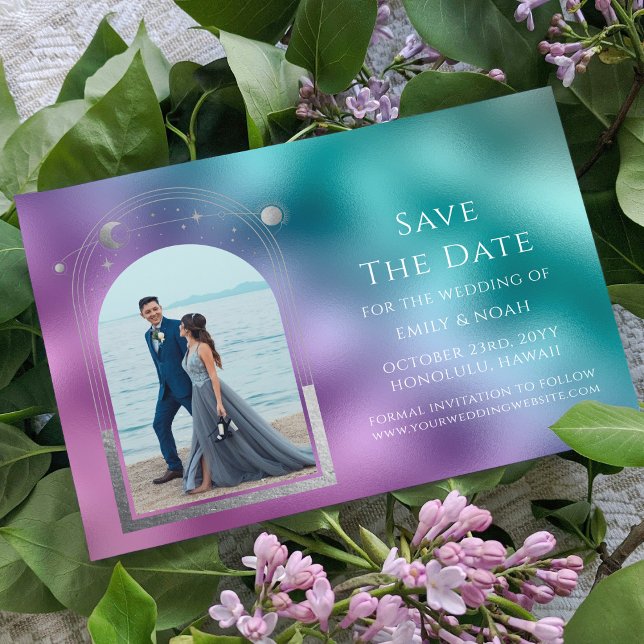 Save The Date Mariage Photo Céleste Turquoise Violet Argent (Créateur téléchargé)