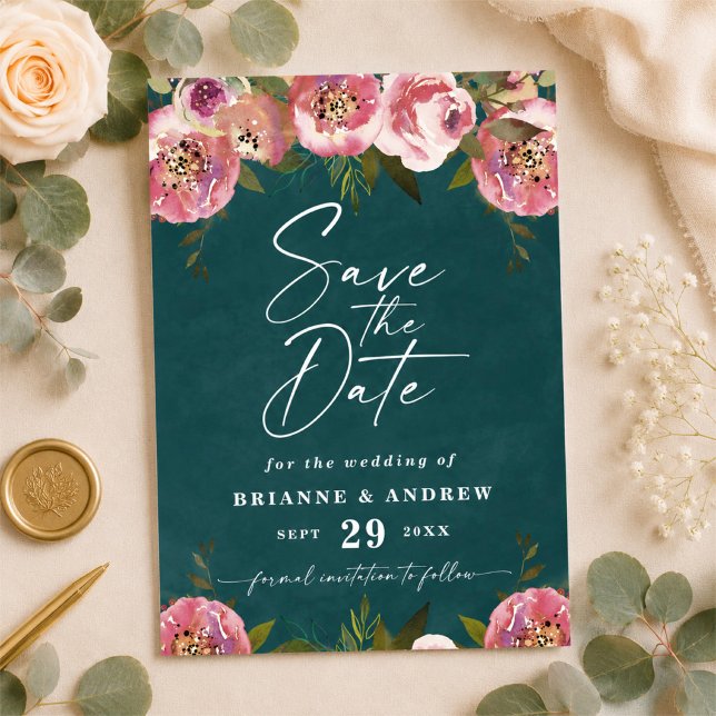 Save The Date Mariage Photo Chic Foncé Vert Sarcelle Blooming (Dark teal and pink floral photo save the dates)