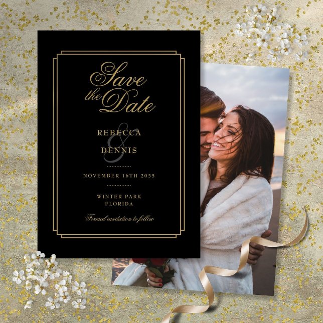 Save The Date Mariage photo chic noir et or écriture Art Déco (Chic Black and Gold Script Art Deco Photo Wedding Save The Date)