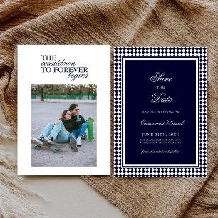 Save The Date Mariage Photo Citation Bordure Harlequin Bleu Mari