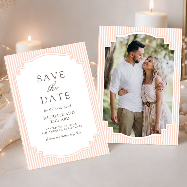 Save The Date Mariage Photo Classique Rayé Pastel pêche (Créateur téléchargé)