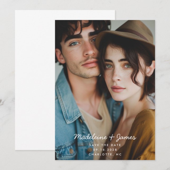 Save The Date Mariage Photo Complet Moderne Simple Script Minima (Devant / Derrière)