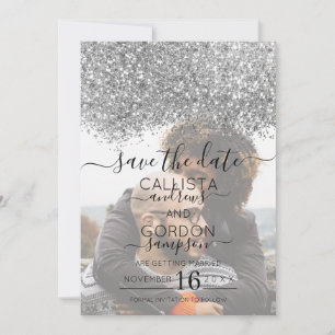 Save The Date Mariage Photo Confettis Paillettes Argent Rose Lux