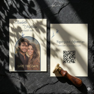 Save The Date Mariage Photo Crème Floral Bleu Arqué Minimal