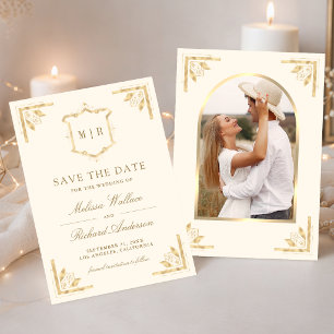 Save The Date Mariage Photo Crème Monogramme Couronne Dorée
