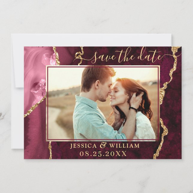 Save The Date Mariage PHOTO d'Agate Gold Burgundy moderne (Devant)