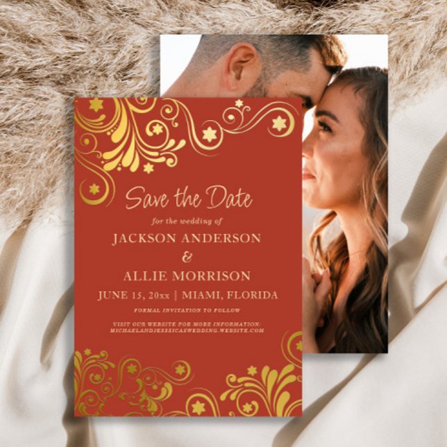 Save The Date Mariage photo Dark Burange Orange Gold (Burnt orange and gold flourish wedding Save the Date photo card)