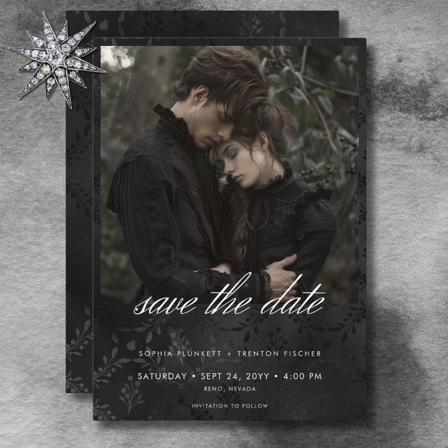 Save The Date Mariage photo Dark Moody Black Satin Damask (Dark Moody Black Satin Damask Photo Wedding Save The Date)