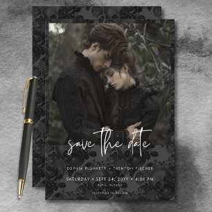 Save The Date Mariage photo Dark Moody Black Skull Damask