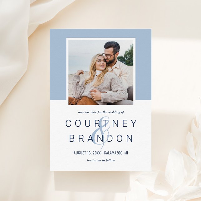 Save The Date Mariage Photo de Bloc de Couleur Bleu Poussiéreux  (Créateur téléchargé)