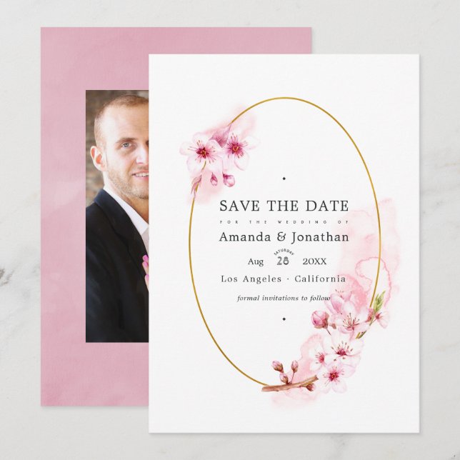 Save The Date Mariage Photo de Cerisier Rose Printemps (Devant / Derrière)