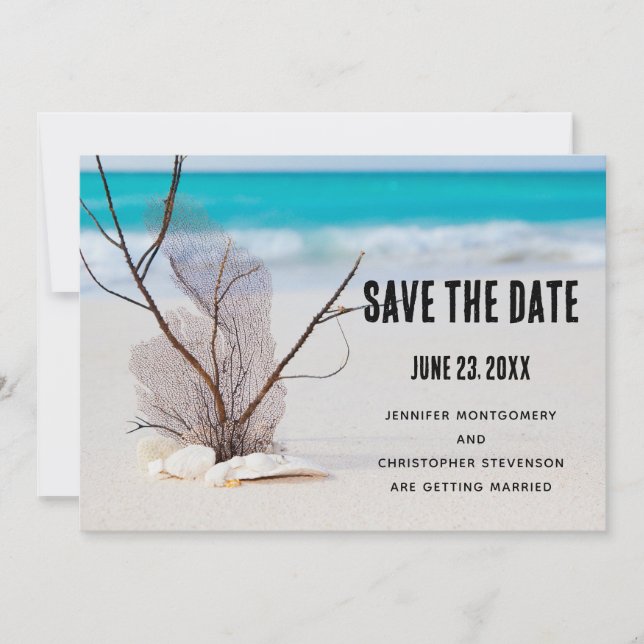 Save The Date Mariage photo de coquillages sur une plage de sabl (Devant)