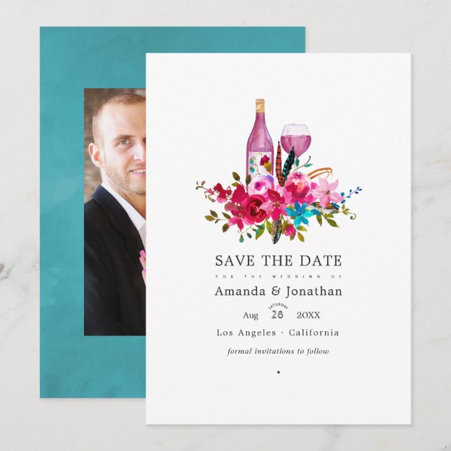 Save The Date Mariage photo de dégustation de vin floral Boho Ch (Devant / Derrière)