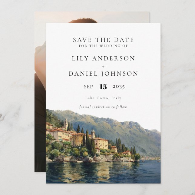 Save The Date Mariage photo de destination du lac de Côme Italie (Devant / Derrière)