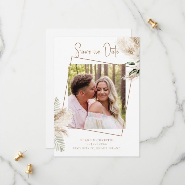 Save The Date Mariage photo de feuillage de Pampas Boho  (Devant/Arrière en situation)