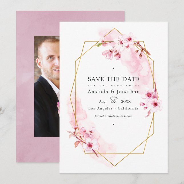 Save The Date Mariage Photo de Fleur de Cerisier Rose Géométriqu (Devant / Derrière)