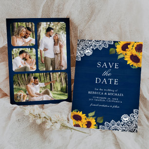 Save The Date Mariage Photo de Fleurs de Tournesol en Bois Bleu