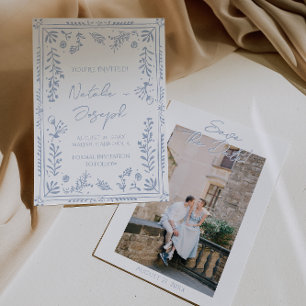 Save The Date Mariage photo de jardin floral bleu azur dessiné à