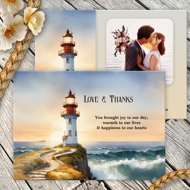 Save The Date Mariage photo de la côte du phare (Nautical photo Wedding Thank You card featuring a watercolor painting of a lighthouse at sunset)