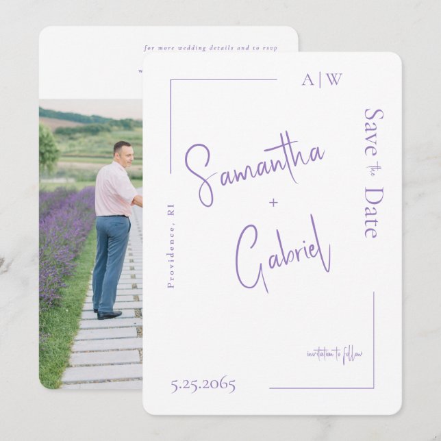 Save The Date Mariage photo de la lavande contemporaine Enregist (Devant / Derrière)