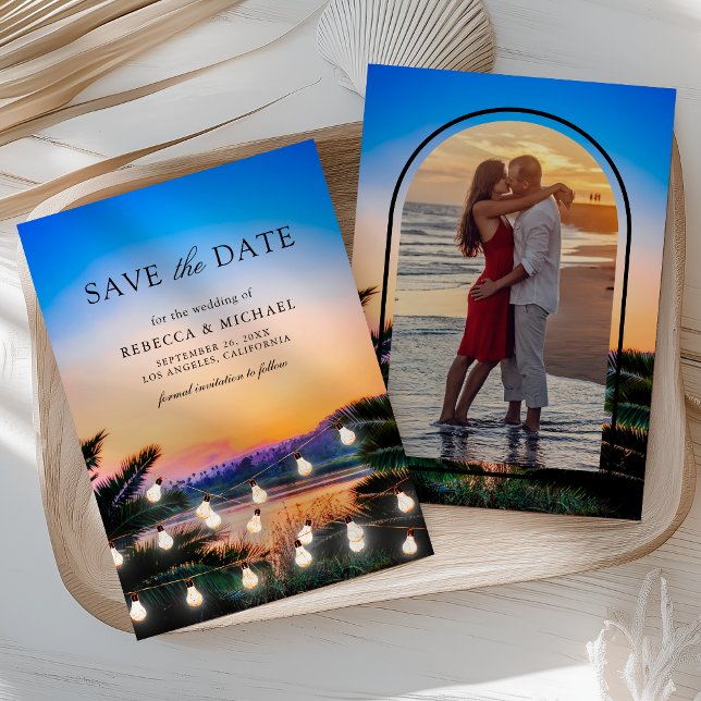 Save The Date Mariage photo de la plage Sunset String Lights (Créateur téléchargé)