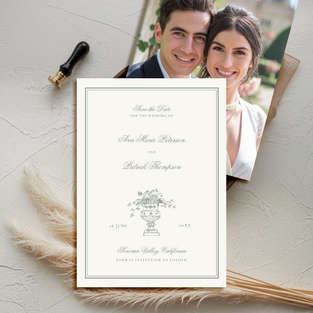 Save The Date Mariage photo de l'immeuble Floral Sage Green Fram (elegant wedding save the date photo template chateau estate garden destination sage green)